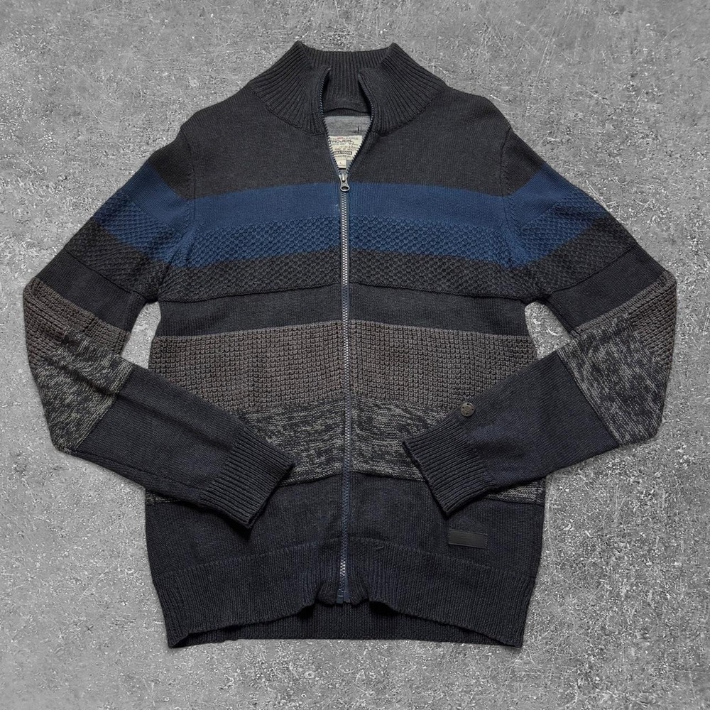 Projek Raw Spirito Fresco Men Large Tall Zip Up Sweater Striped Knit Navy Blue